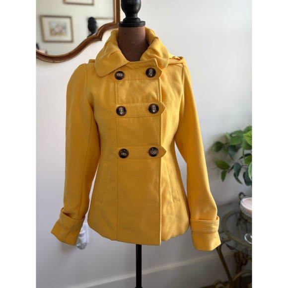 Pink Envelope Yellow Hooded Pea Coat Women's Small Double Breasted Stylish - Picture 1 of 10